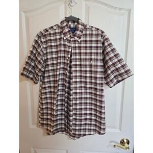 Towncraft Mens Small Short Sleeve Button Shirt Red Navy Plaid Wrinkle Free /0534